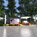 Outdoor Covered Parking Area With Palm Trees Red Car Large Screen Pumpkin Decorations And Woman