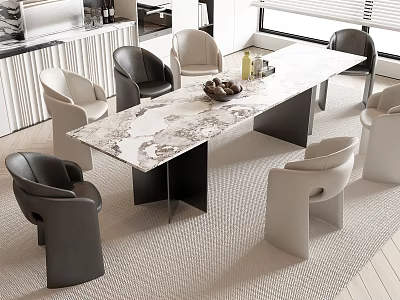 Modern Dining Table Set With Marble Top And Black White Chairs In Living Space 3d model