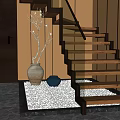 Wooden Stairs With Glass Handrail Decorative Ceramic Vase Blue Container On Gray Floor Wooden Walls