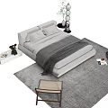 Modern Minimalist Double Bed With Gray Bed Sheets Pillows Bedside Table And Rug 3d model