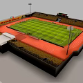 Professional Football Stadium With Green Grass Pitch Yellow Seats Red Track And Lighting Towers
