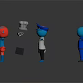 Blue Humanoid Characters And Creatures With Various Costumes Hat Wearing Uniforms And Surrounding Small Objects