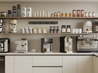 Kitchen Appliances On Modern Counter With Various Espresso Machines And Jars 3d model