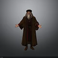 Elderly man standing in brown robe and hat with long white beard and outstretched hands