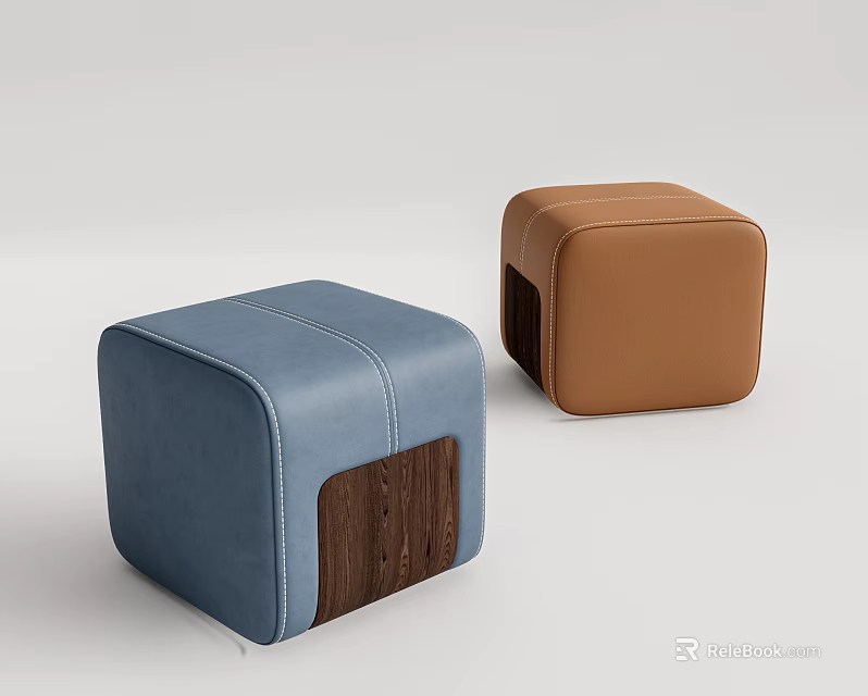 Stylish Square Blue and Brown Leather Ottomans with Wooden Base Design 3d model 