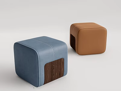 Stylish Square Blue and Brown Leather Ottomans with Wooden Base Design 3d model
