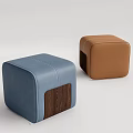 Stylish Square Blue and Brown Leather Ottomans with Wooden Base Design