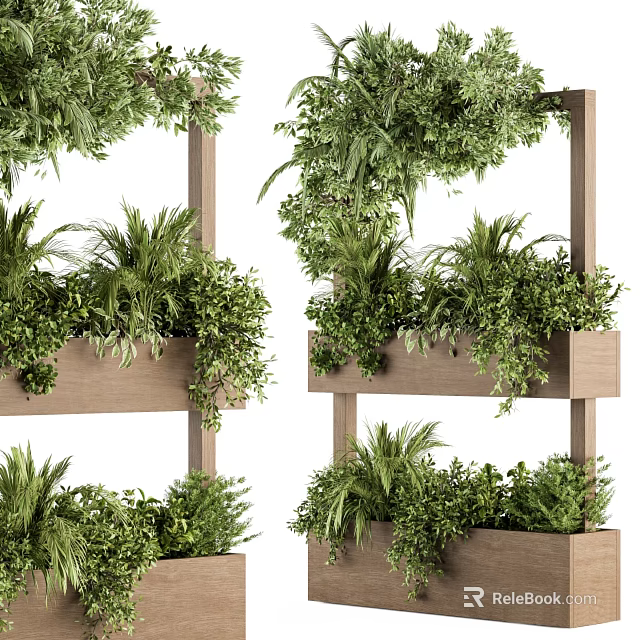 Decorative Multi tiered Wooden Shelf With Potted Bonsai And Various Green Plant Species 3d model 