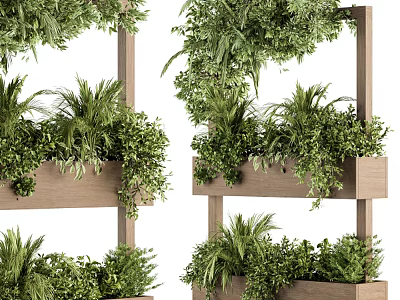 Decorative Multi tiered Wooden Shelf With Potted Bonsai And Various Green Plant Species 3d model