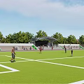 Modern Soccer Field With Red Track Stands Green Lawn And Surrounding Trees