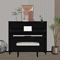 Elegant Black Piano and Art Supplies with Music Sheet Bench Decorative Painting and Green Plant