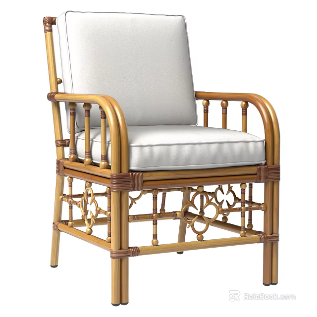 Natural Bamboo Rattan Dining Chair With White Cushion And Armrests Design 3d model 