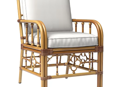 Natural Bamboo Rattan Dining Chair With White Cushion And Armrests Design 3d model