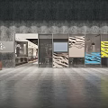 Modern Industrial Restaurant Interior Design With Dining Tables Chairs Hanging Lights And Decorative Partitions