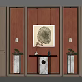 New Chinese Style Red Background Wall in Entryway with Decorative Painting Pendant Lights and Vases