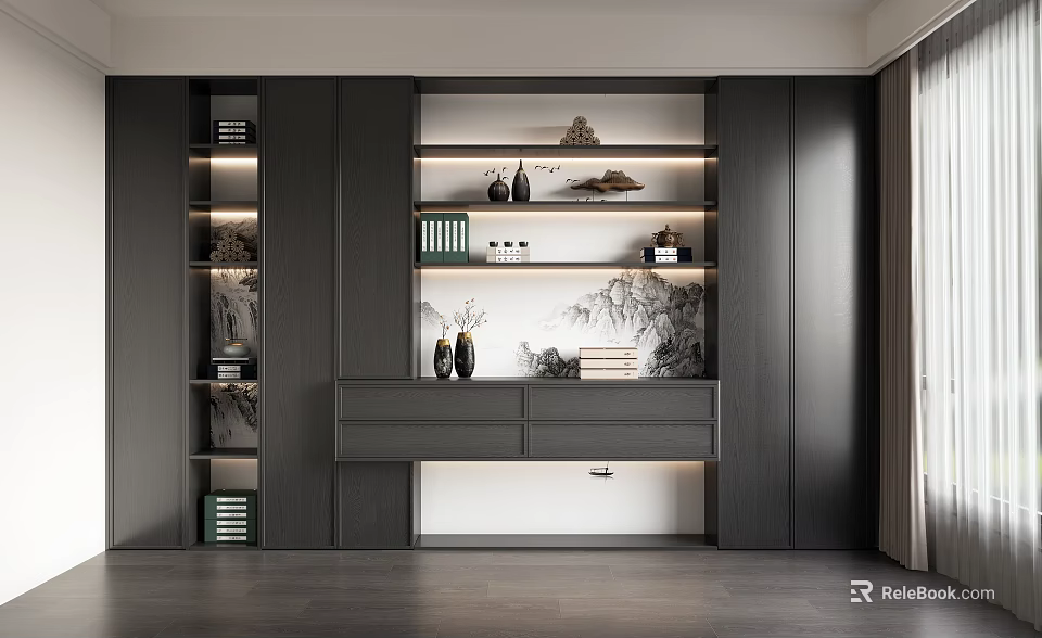 Modern Dark Gray Full Wall Built In Bookcase With Embedded LED Light And Practical Storage 3d model 
