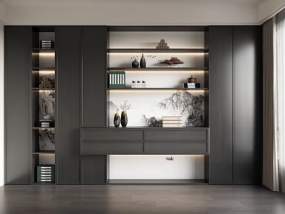 Modern Dark Gray Full Wall Built In Bookcase With Embedded LED Light And Practical Storage 3d model