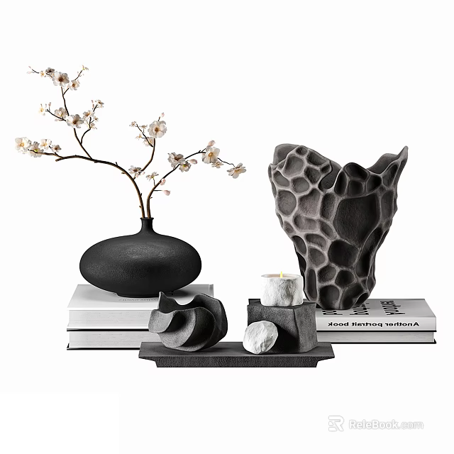 Elegant Modern Decorative Ornament Set With Vase Branches Stones Books And Tray 3d model 