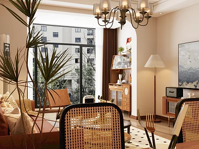 Warm Retro Open Living And Dining Room With Wooden Rattan Furniture And Large Bright Window 3d model