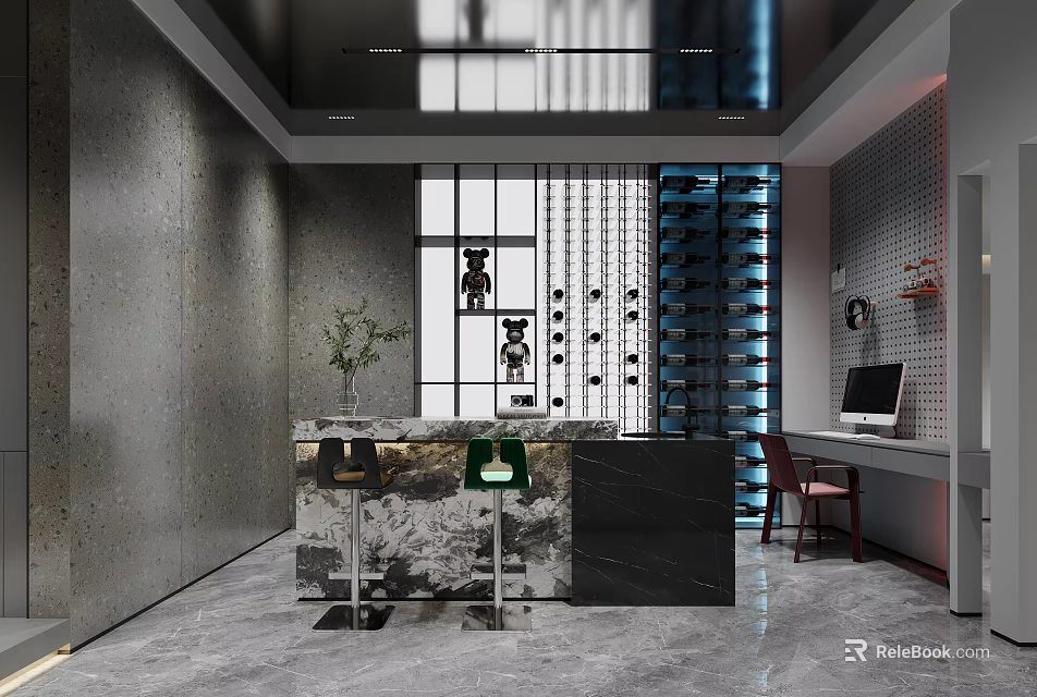 Modern Bar Interior With Gray Walls Marble Countertop Bar Stools And Wine Racks 3d model 