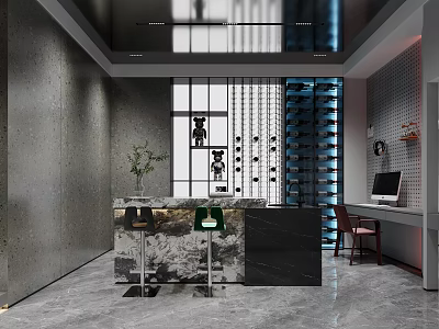 Modern Bar Interior With Gray Walls Marble Countertop Bar Stools And Wine Racks 3d model