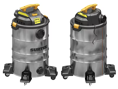 SURTEK Industrial Vacuum Cleaners as Industrial Equipment with Stainless Steel Body Yellow Handles and Wheels 3d model