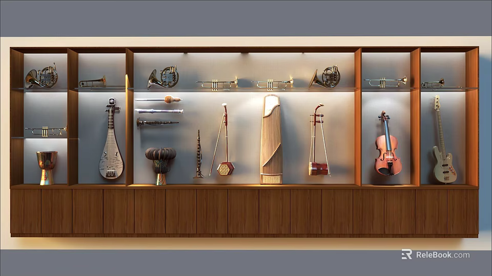 Various Musical Instruments and Art Supplies Arranged in Wooden Display Cabinet with Lighting 3d model 