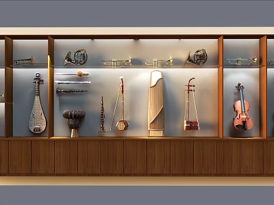 Various Musical Instruments and Art Supplies Arranged in Wooden Display Cabinet with Lighting 3d model