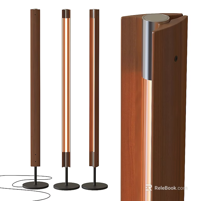 Sleek Modern Floor Lamp With Wooden Pole And Copper Accents For Home Lighting 3d model 