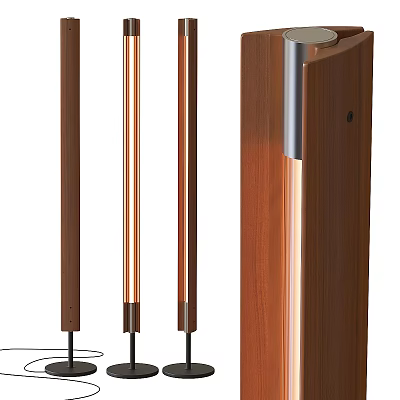 Sleek Modern Floor Lamp With Wooden Pole And Copper Accents For Home Lighting 3d model