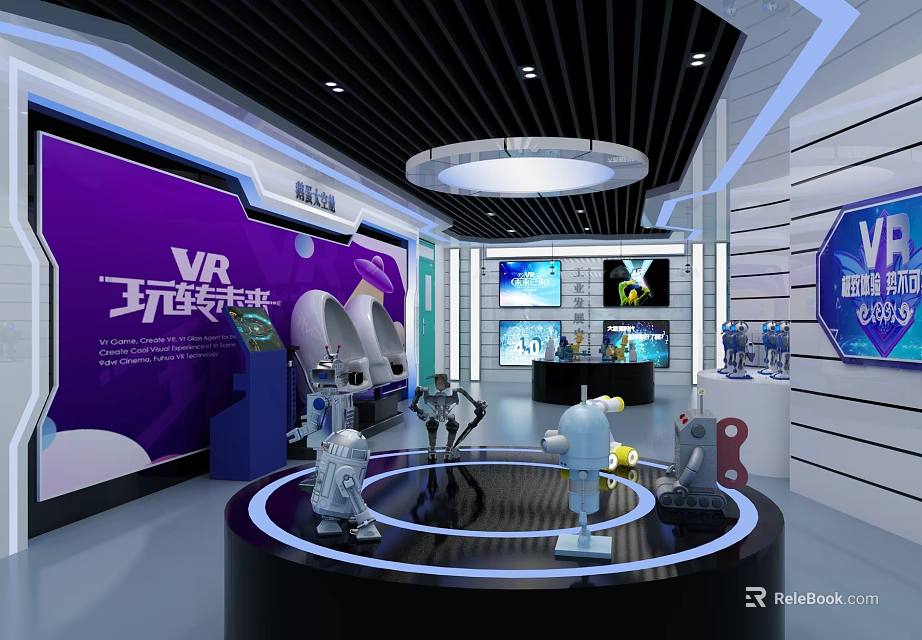 VR Interactive Experience Zone Featuring Robots On Circular Platform And Purple Backdrop Screens 3d model 