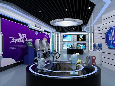 VR Interactive Experience Zone Featuring Robots On Circular Platform And Purple Backdrop Screens 3d model