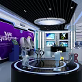 VR Interactive Experience Zone Featuring Robots On Circular Platform And Purple Backdrop Screens 3d model
