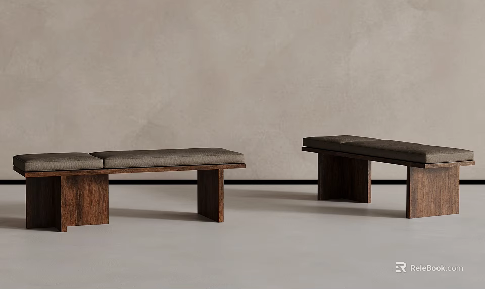 Two Modern Wooden Benches With Gray Upholstered Seats And Solid Legs Design 3d model 