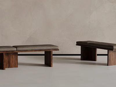 Two Modern Wooden Benches With Gray Upholstered Seats And Solid Legs Design 3d model