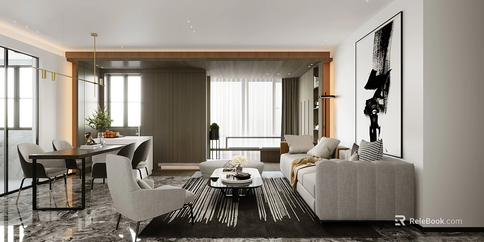 Modern Living and Dining Room Interior With Sofa Coffee Table Dining Set And Large Windows 3d model