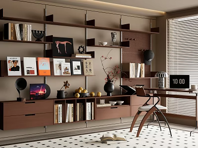 Modern Home Office Interior Design With Bookshelves Books Decorations Desk Chair And Window Blinds 3d model