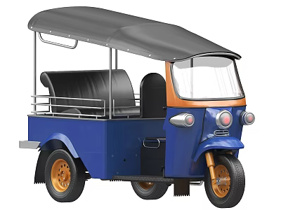 Blue Three Wheeled Tuk Tuk Vehicle With Orange Front Black Seats And Gray Canopy 3d model