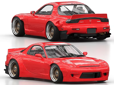 Red Modified Sports Car With Widebody Kit Rear Spoiler And Golden Wheels 3d model