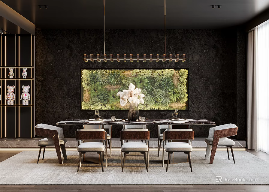 Luxury Modern Restaurant Interior With Dining Table Chandelier Green Artwork And Chairs 3d model 