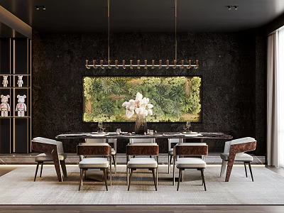 Luxury Modern Restaurant Interior With Dining Table Chandelier Green Artwork And Chairs 3d model