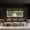 Luxury Modern Restaurant Interior With Dining Table Chandelier Green Artwork And Chairs