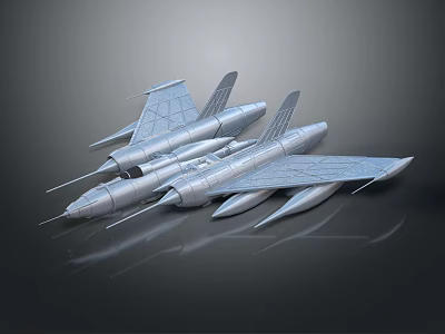 Silver Streamlined Aircraft Models with Geometric Patterns on Dark Background with Reflective Surface 3d model