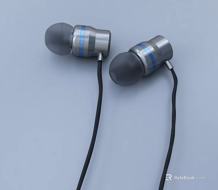Stylish In Ear Earphones With Metallic Silver Body Blue Stripes And Black Cables Design 3d model 