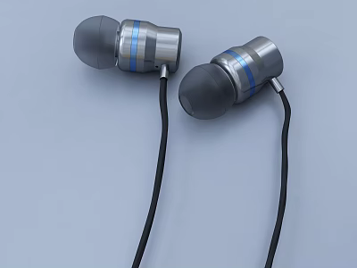 Stylish In Ear Earphones With Metallic Silver Body Blue Stripes And Black Cables Design 3d model