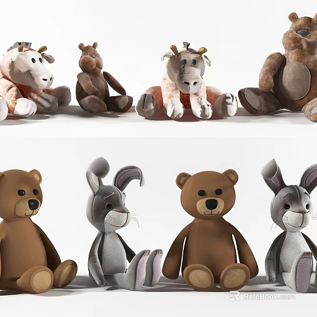 Cute Stuffed Plush Toys Featuring Various Animal Designs Including Cow Bear And Rabbit 3d model 