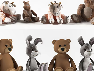 Cute Stuffed Plush Toys Featuring Various Animal Designs Including Cow Bear And Rabbit 3d model