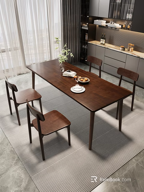 Modern Wooden Dining Table Set With Four Chairs And Vase Flowers Fruit Bowl 3d model 