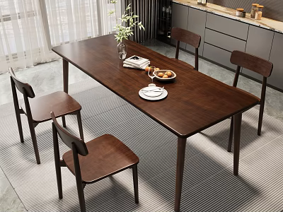 Modern Wooden Dining Table Set With Four Chairs And Vase Flowers Fruit Bowl 3d model