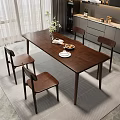 Modern Wooden Dining Table Set With Four Chairs And Vase Flowers Fruit Bowl